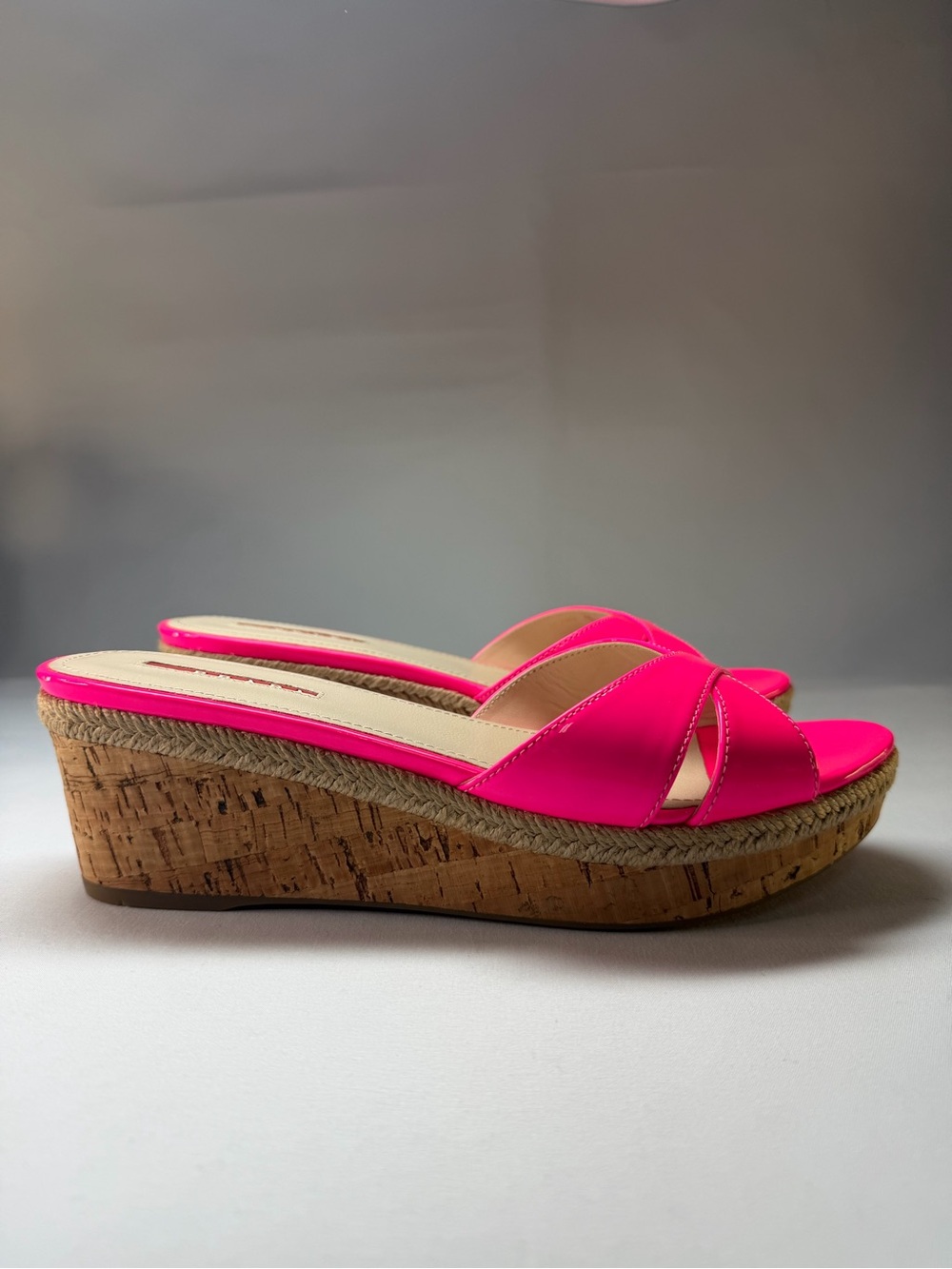 Prada Rosa Fluo Hot Pink Patent Leather Cork Wedge Sandals Size 39